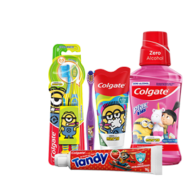 Linha Colgate Kids com escova e creme dental dos Minions, Tandy morango e enxaguante Plax Kids. Proteção e diversão na higiene bucal infantil.