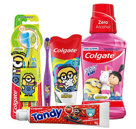 Linha Colgate Kids com escova e creme dental dos Minions, Tandy morango e enxaguante Plax Kids. Proteção e diversão na higiene bucal infantil.