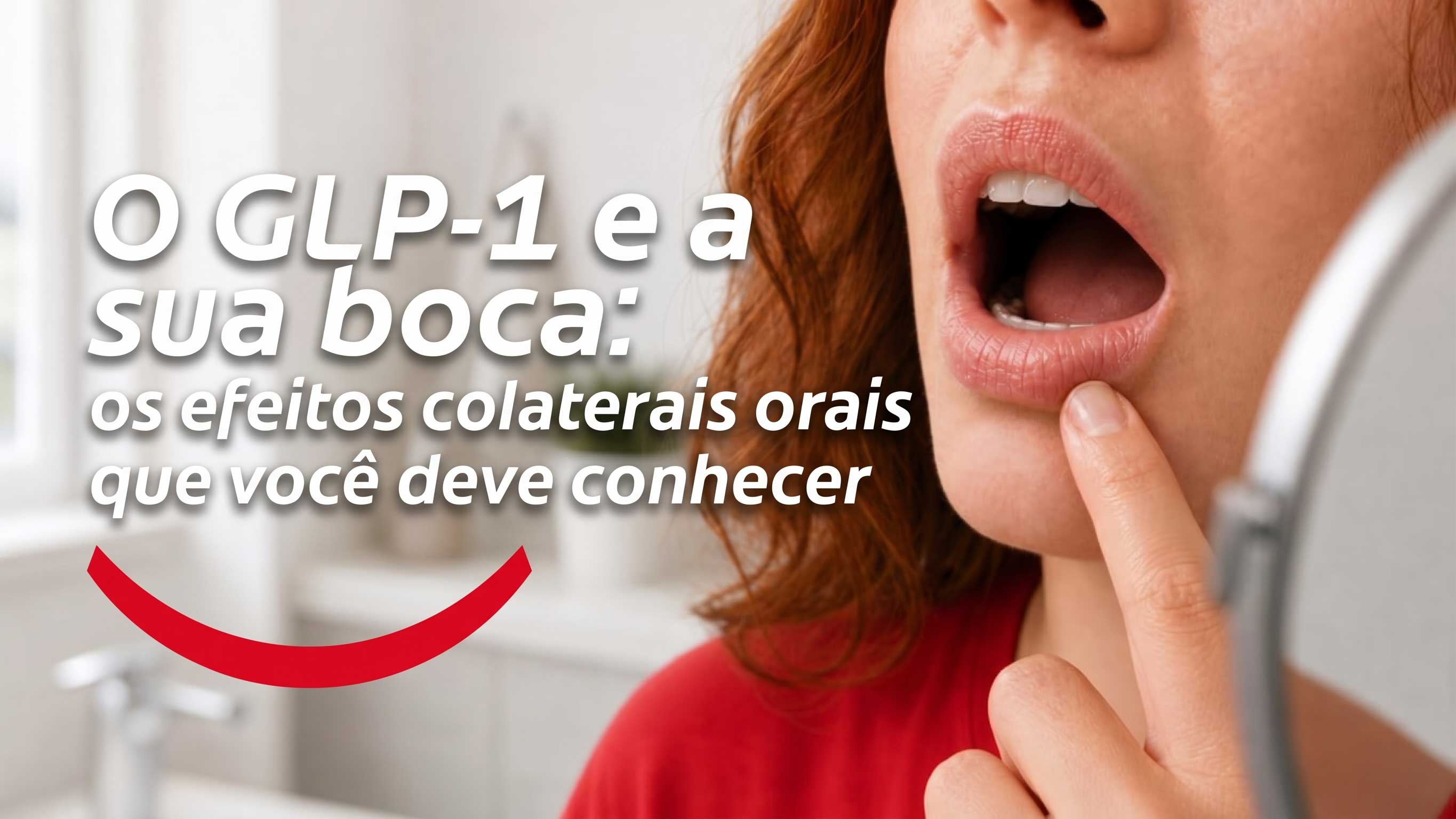Uma mulher ruiva, em pé diante de um espelho com a boca aberta, examinando os lábios e a boca em busca de sinais de efeitos colaterais do GLP-1.