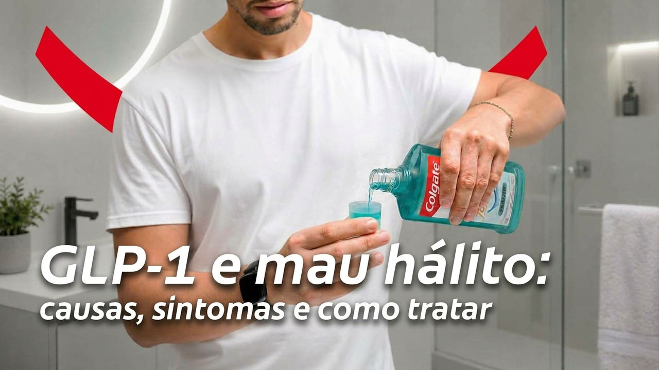 Um homem vestindo uma camiseta branca, segurando um frasco de enxaguante bucal Colgate e despejando-o na tampa para aliviar o mau hálito causado pelo GLP-1.
