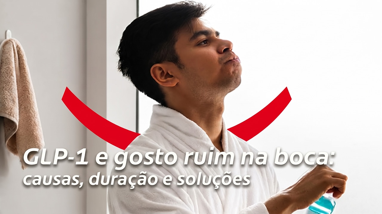 Um homem de cabelos escuros, vestindo um roupão branco, segurando um frasco de enxaguante bucal Colgate e bochechando com um pouco do produto com a cabeça inclinada para trás.