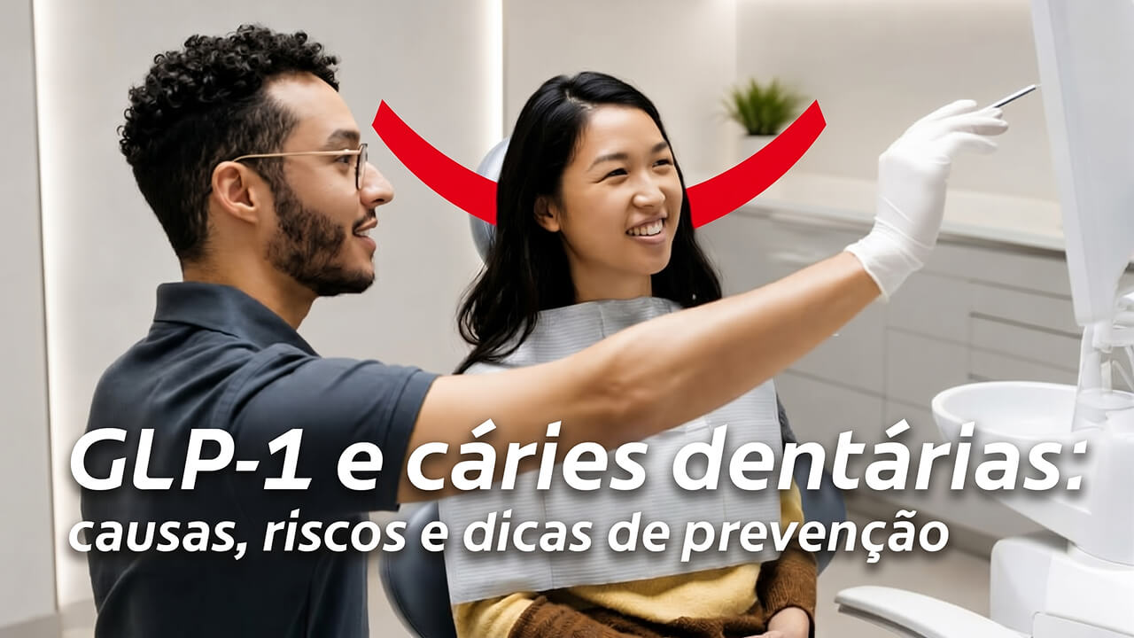 Uma mulher sorridente, de cabelos escuros, sentada em uma cadeira odontológica, enquanto um profissional da área lhe mostra imagens de cáries relacionadas ao GLP-1 em uma tela.