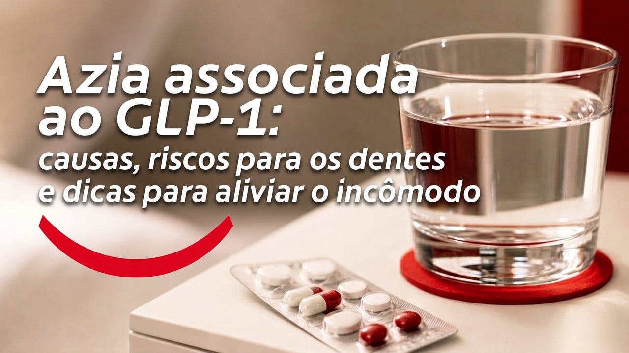 Um copo de água na mesinha de cabeceira, com um porta-copos vermelho ao lado de uma embalagem de comprimidos para azia e outros medicamentos.