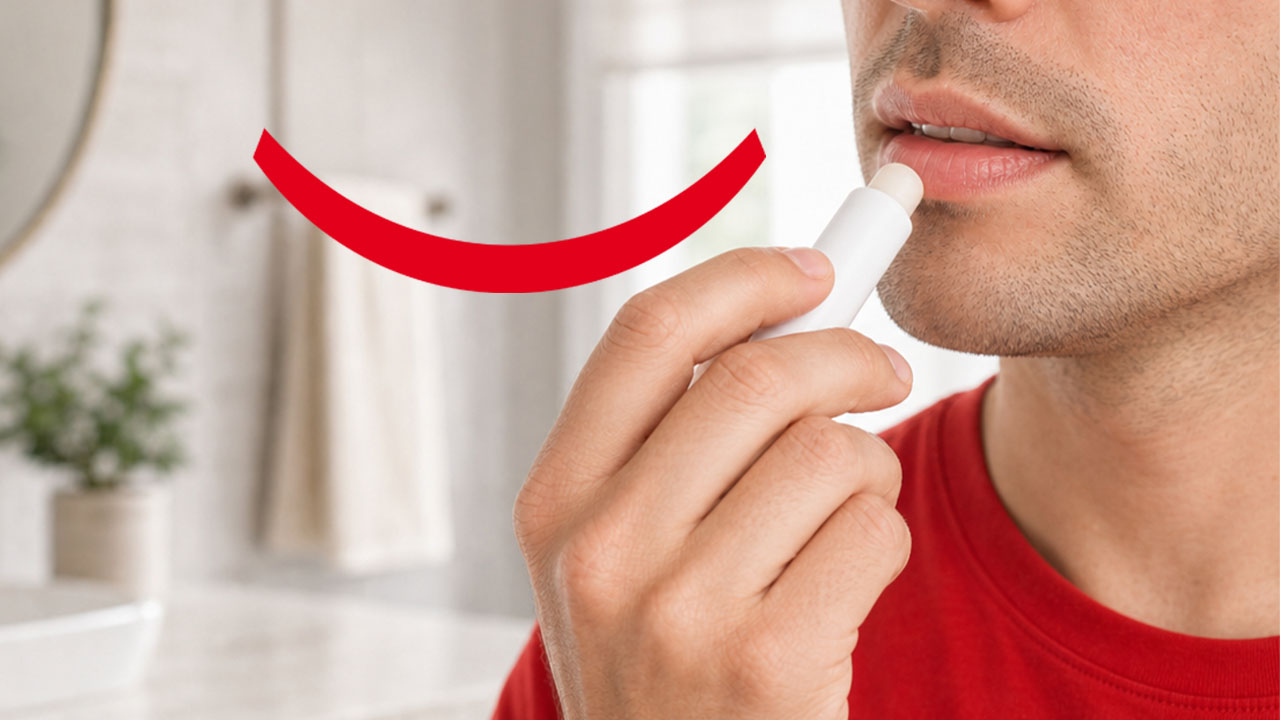 Um homem vestindo uma camiseta vermelha, em pé no banheiro, passando protetor labial para aliviar os sintomas de ressecamento labial causados pelo GLP-1.