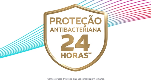 Escudo dourado com o texto 'Proteção antibacteriana 24 horas', destacando a proteção prolongada que oferece Colgate Total. 