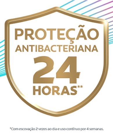 Escudo dourado com o texto 'Proteção antibacteriana 24 horas', destacando a proteção prolongada que oferece Colgate Total. 