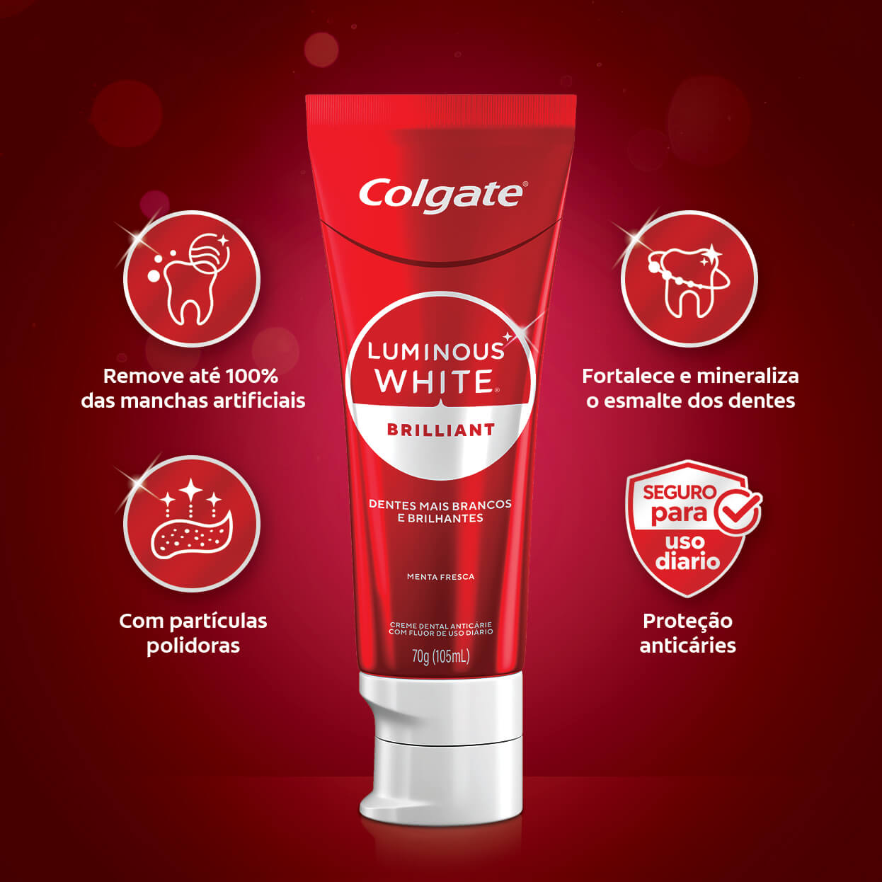 Creme dental Colgate Luminous White Brilliant com partículas polidoras que removem manchas e fortalecem o esmalte dos dentes.