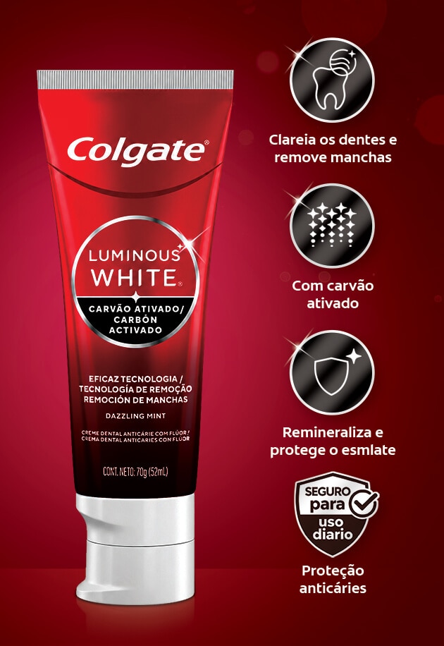 Creme dental Colgate Luminous White Carvão Ativado que clareia os dentes, remove manchas e protege o esmalte