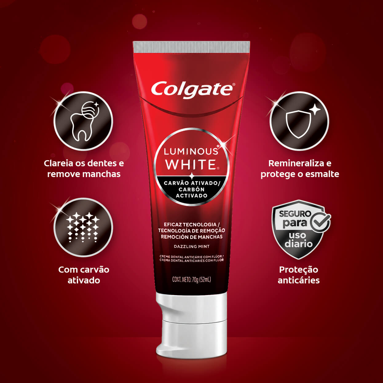 Creme dental Colgate Luminous White Carvão Ativado que clareia os dentes, remove manchas e protege o esmalte