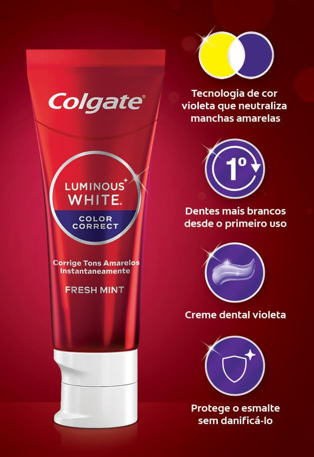 Creme dental Colgate Luminous White Color Correct violeta que corrige tons amarelos e deixa dentes mais brancos desde o 1º uso.