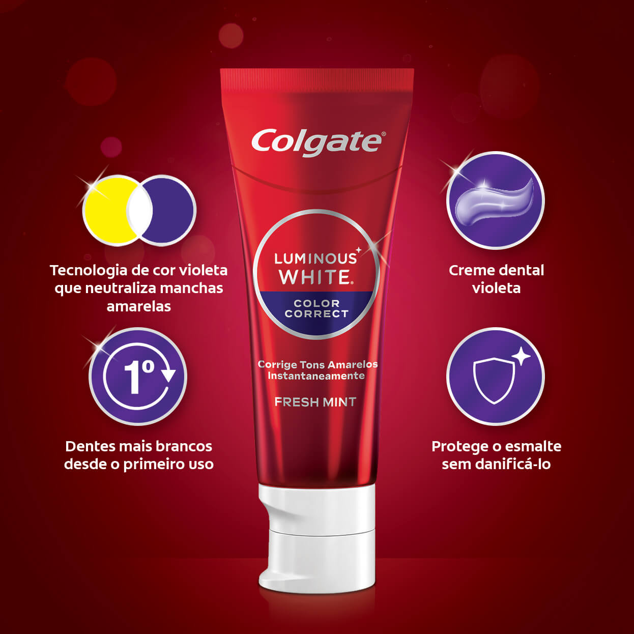 Creme dental Colgate Luminous White Color Correct violeta que corrige tons amarelos e deixa dentes mais brancos desde o 1º uso.