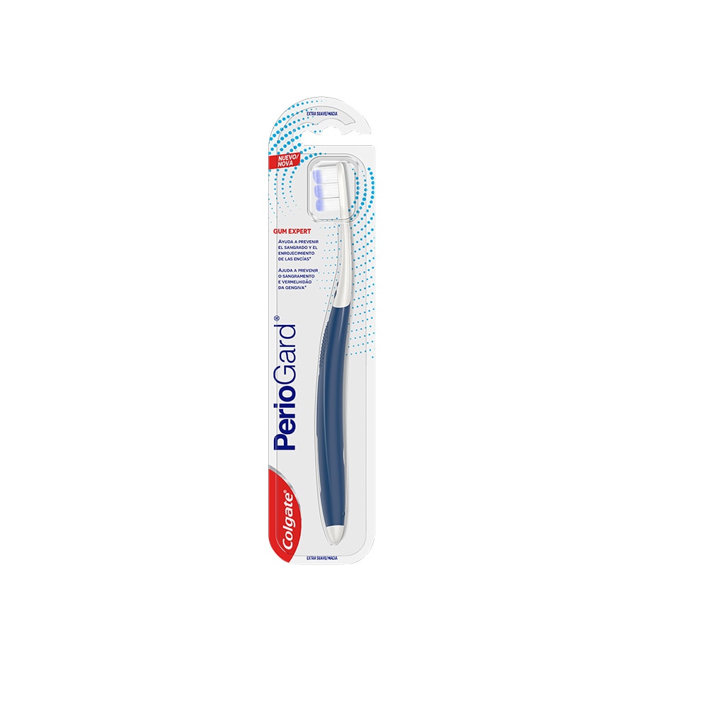 Escova dental Colgate PerioGard Gum Expert extra macia em embalagem blister.