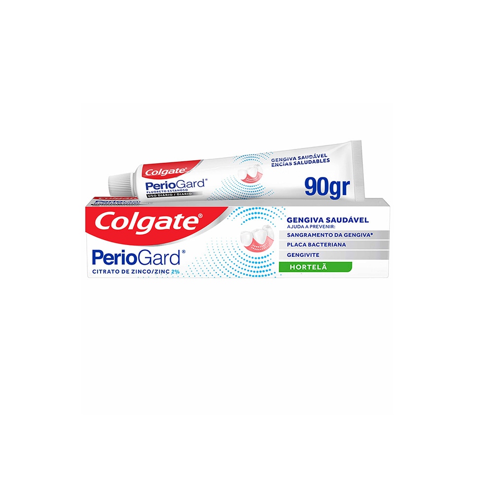 Creme dental Colgate PerioGard Gengiva Saudável sabor hortelã de 90g em bisnaga e caixa.