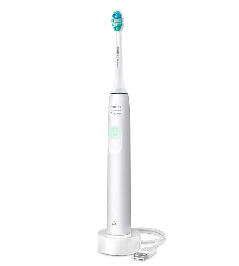 Philips Colgate SonicPro 10 | Escova de dentes elétrica  | Vista frontal e estojo com carregador 