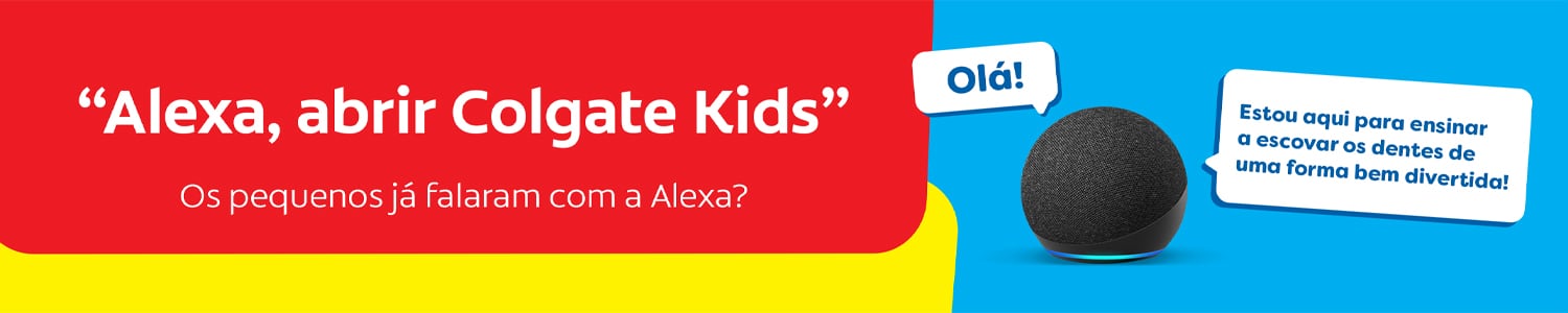 Imagem da Alexa Echo Dot com a frase para ativar o assistente de voz da Colgate Kids: “Alexa, abrir Colgate Kids”.