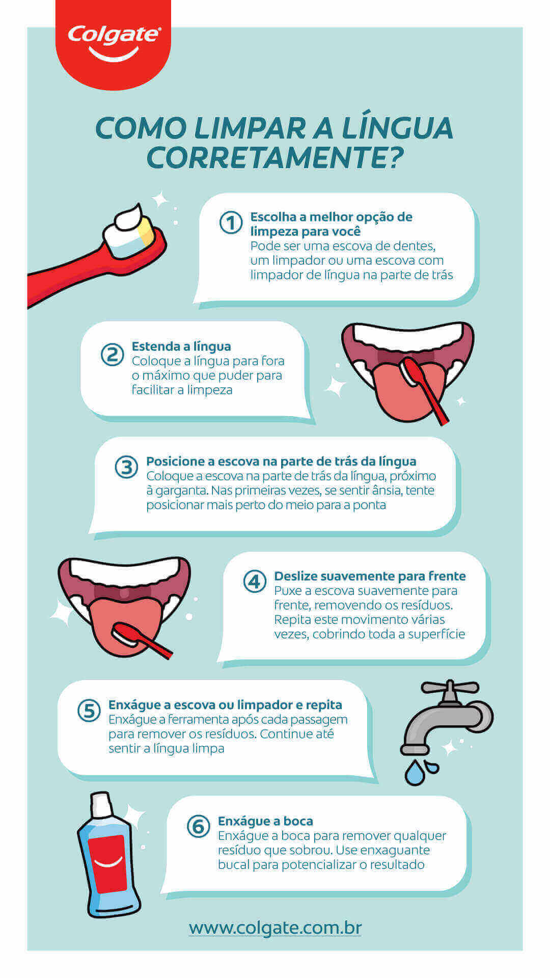 Infográfico sobre como limpar a língua corretamente.