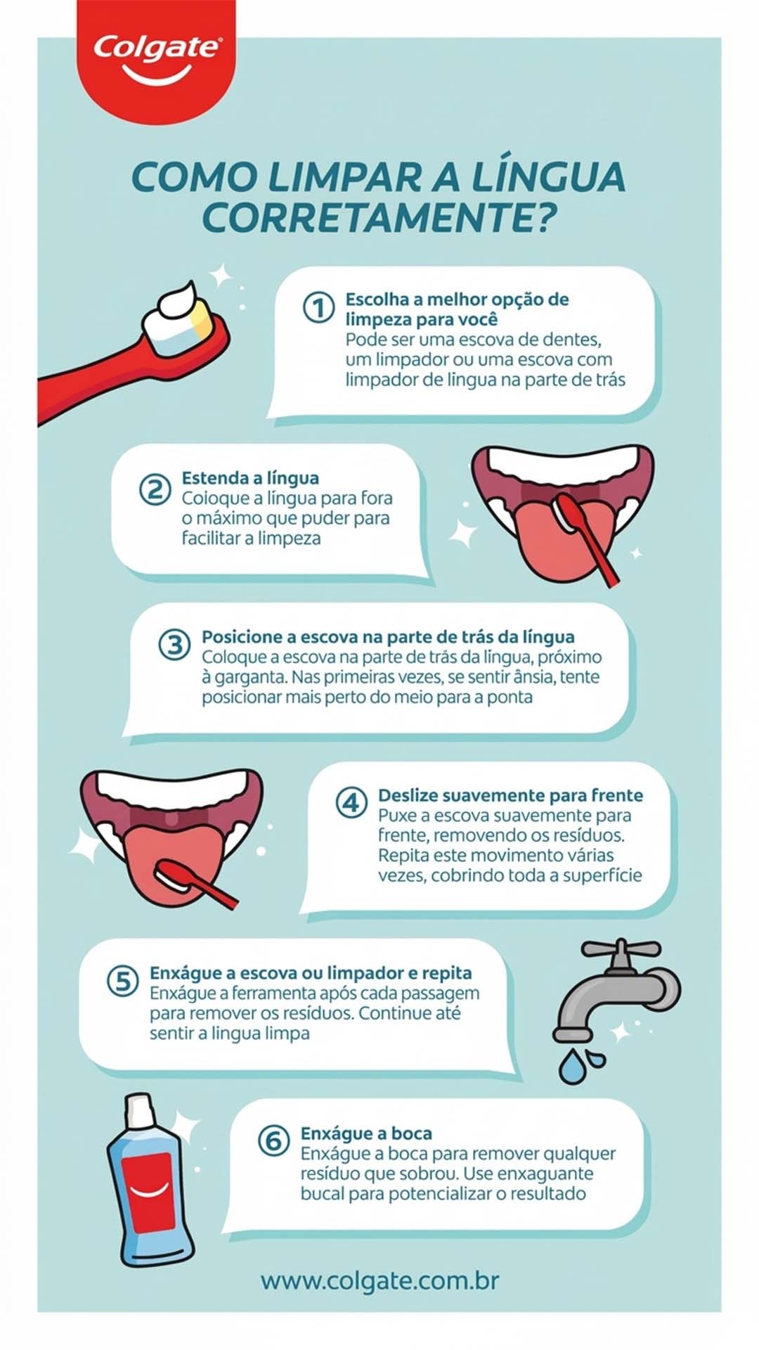 Infográfico sobre como limpar a língua corretamente.