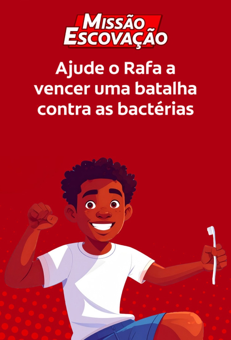 Clique na imagem, com um menino usando uma escova de dentes, e complete a missão da escovação.