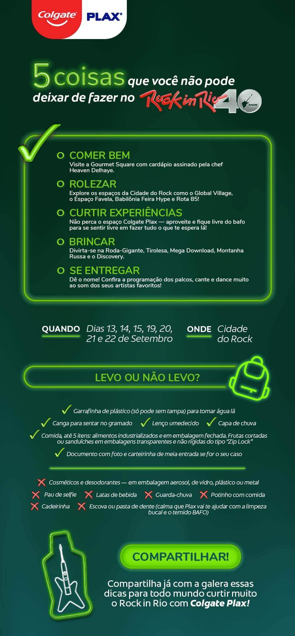 infográfico com 5 coisas que você não pode deixar de fazer no rock in rio e dicas do que levar e o que não levar
